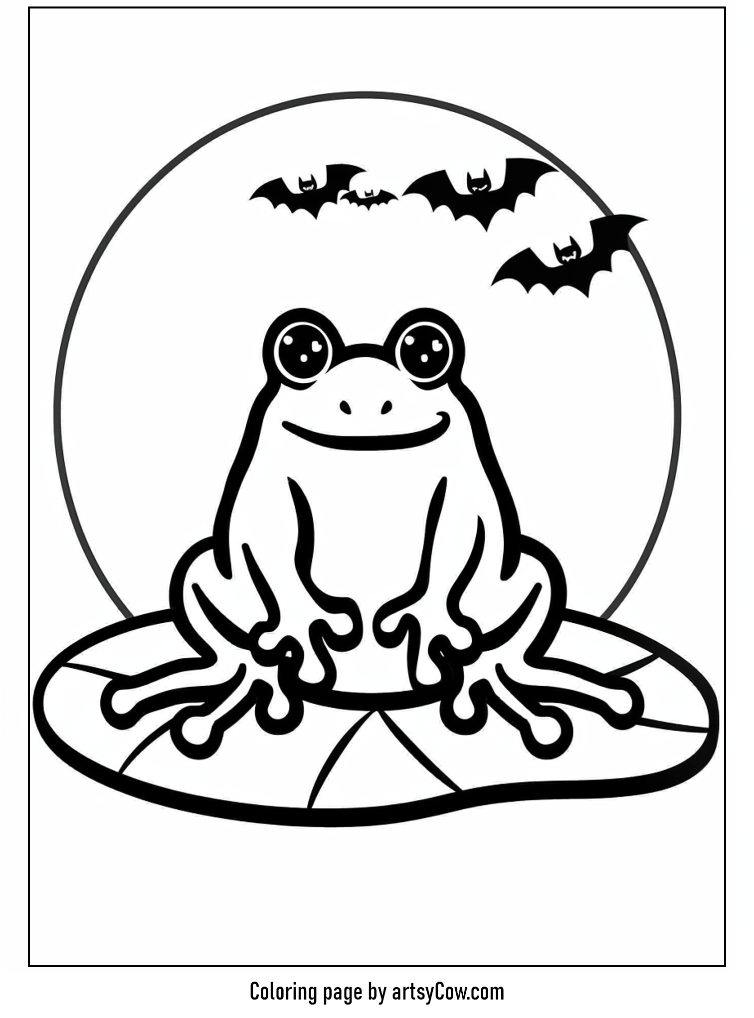a cheerful frog sitting on a lily pad with a moonlit background